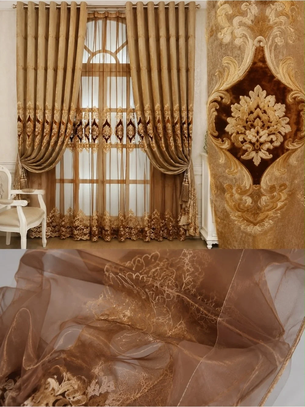 Luxury Gold Embroidered 3-Piece Curtain Set